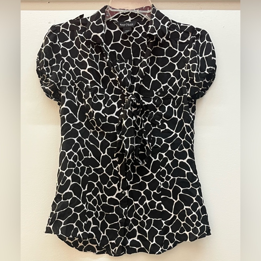 White House Black Market Patterned Silk Tie Blouse